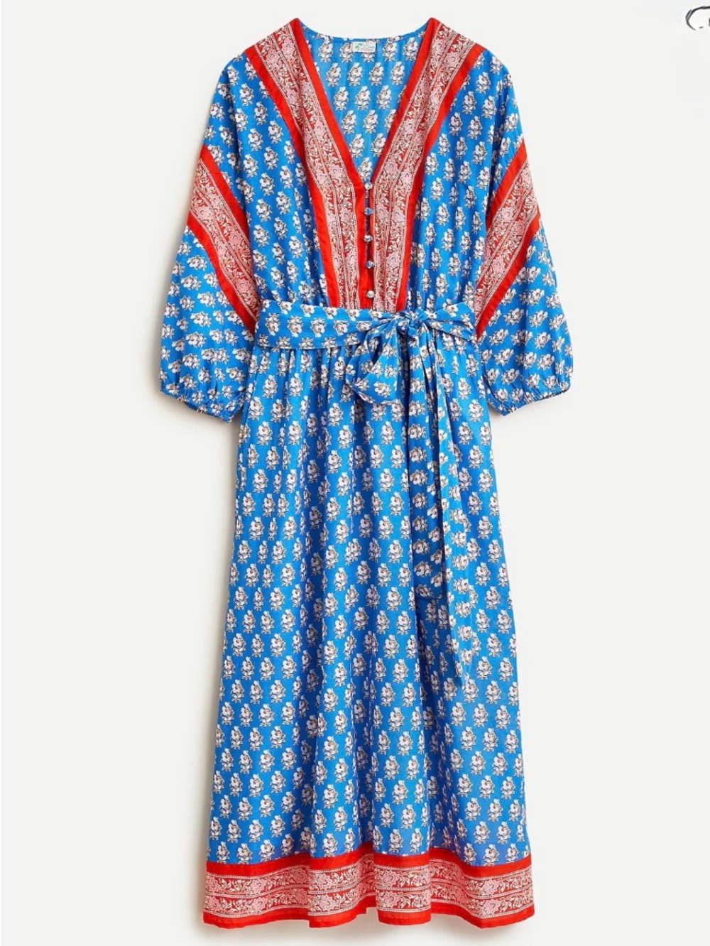 J.Crew V-Neck Cover-Up Midi Dress Classic Block Print Blue Red Boho Size XS